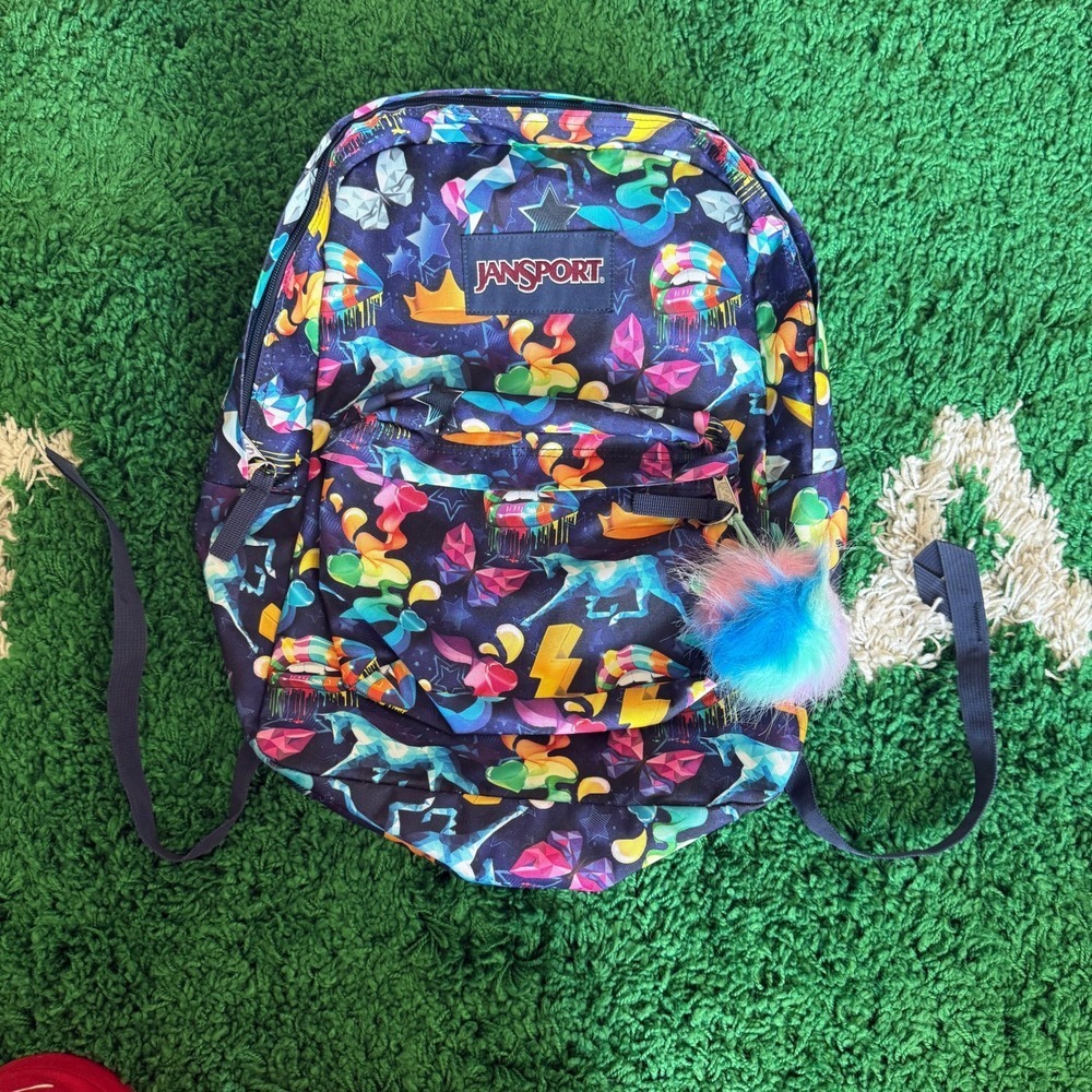 Jansport Backpack Colorful Horses Lightning Bolts Stars Print Multi Color